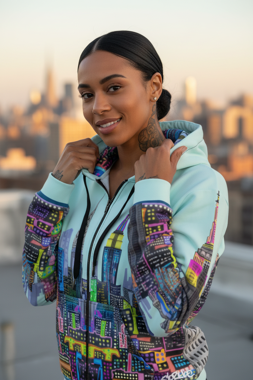 Woman wearing a colorful hoodie with a cityscape Loria NYC Art design, standing against a blurred cityscape background.