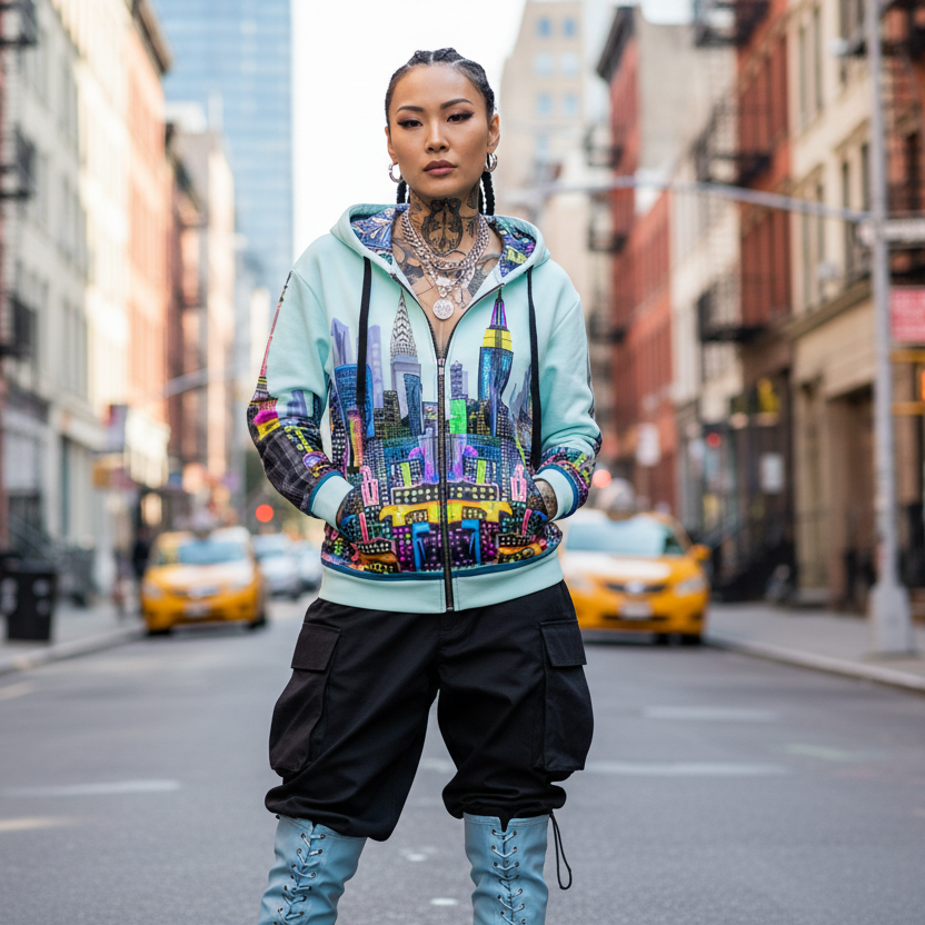 Girl standing in urban street wearing a Loria NYC Art hoodie 
