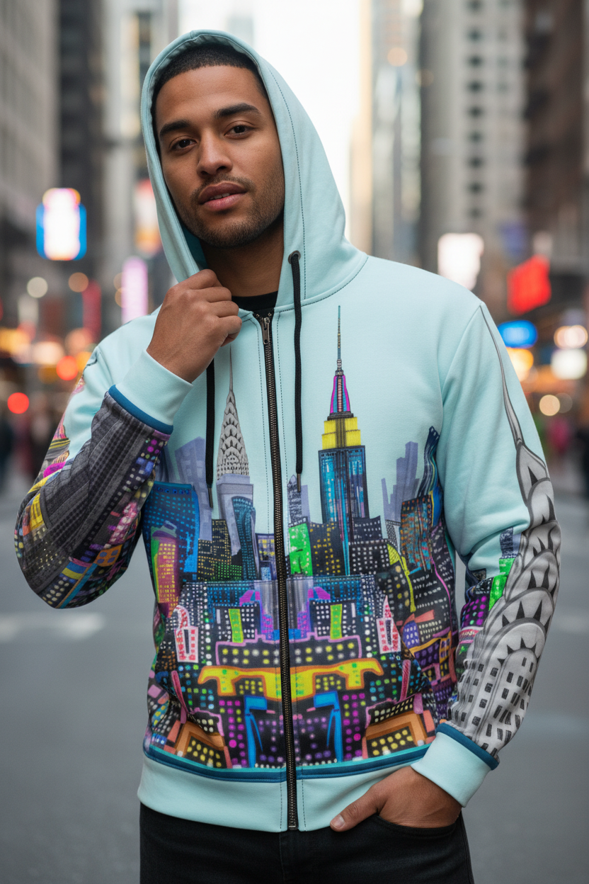 Person wearing a hoodie with a Loria NYC Art colorful cityscape design on a city street.