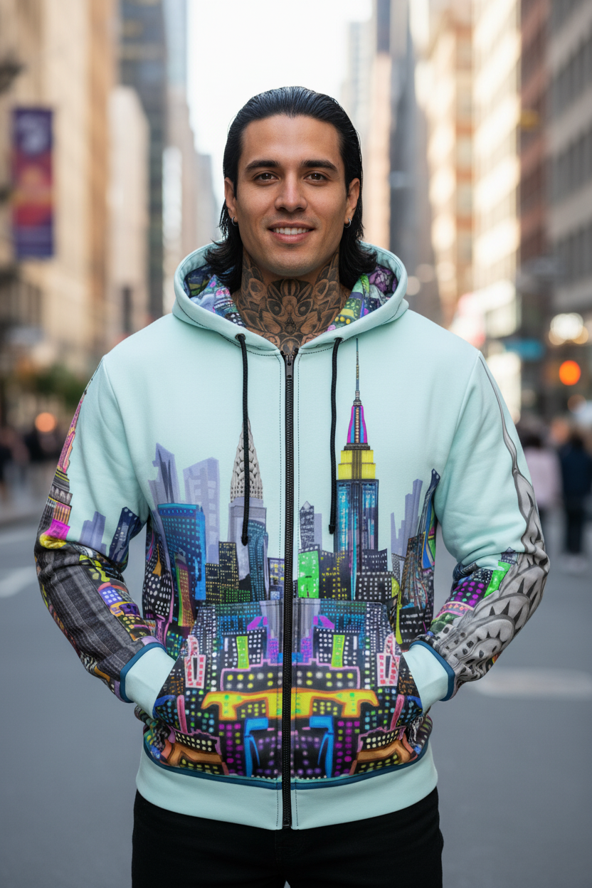 Person wearing a colorful Loria NYC Art cityscape hoodie on a city street