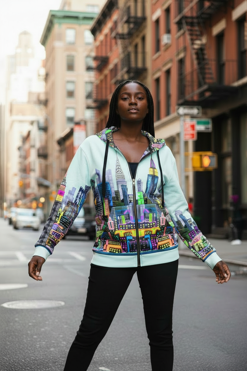 Person wearing a Loria NYC Art colorful jacket with cityscape design on a city street.