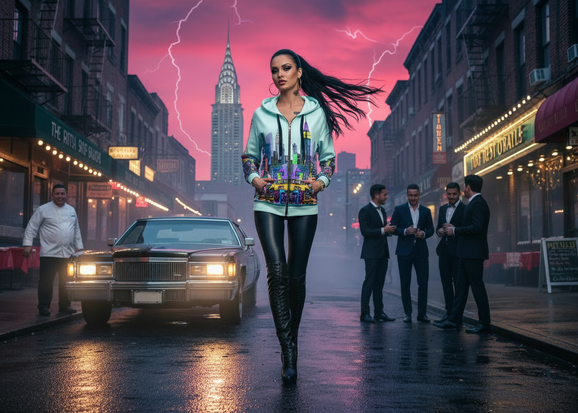 Woman wearing colorful Loria NYC Art hoodie on a city street with a dramatic sky