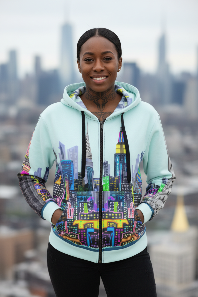 Person wearing a colorful Loria NYC Art cityscape hoodie with a blurred city skyline in the background