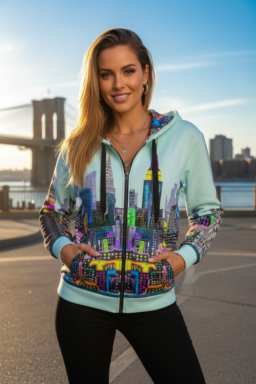 Woman wearing a colorful Loria NYC Art cityscape hoodie with a bridge and skyline in the background