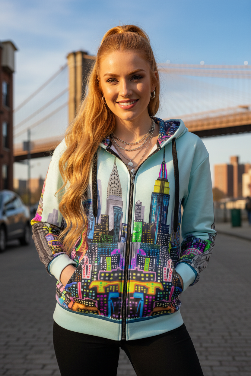 Woman wearing a colorful hoodie with a cityscape Loria NYC Art design, standing in front of a bridge.