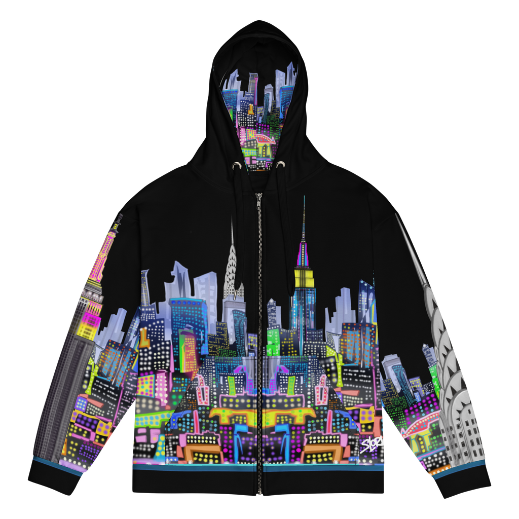 Black hoodie with colorful Loria NYC Art cityscape design on a white background