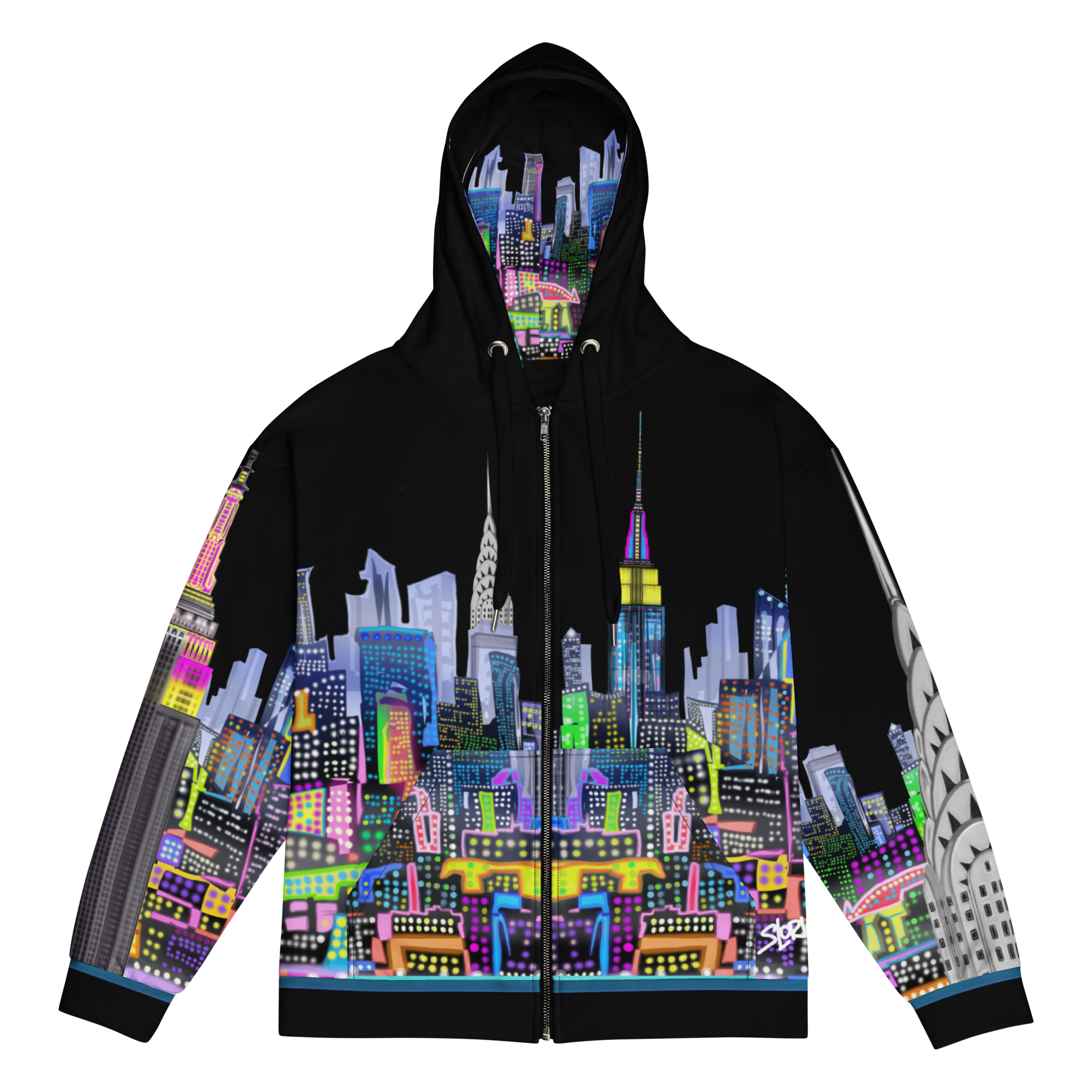 Black hoodie with colorful Loria NYC Art cityscape design on a white background