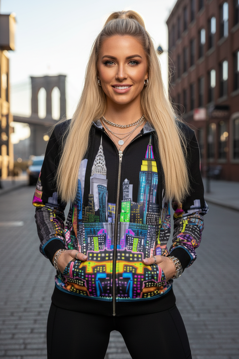 Woman wearing a colorful Loria NYC Art cityscape jacket on a street with a bridge in the background