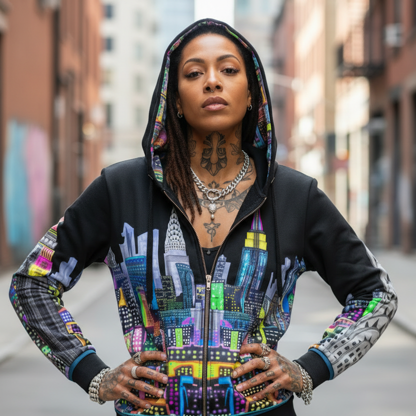 Person wearing a colorful hoodie with a cityscape Loria NYC Art design in an urban setting