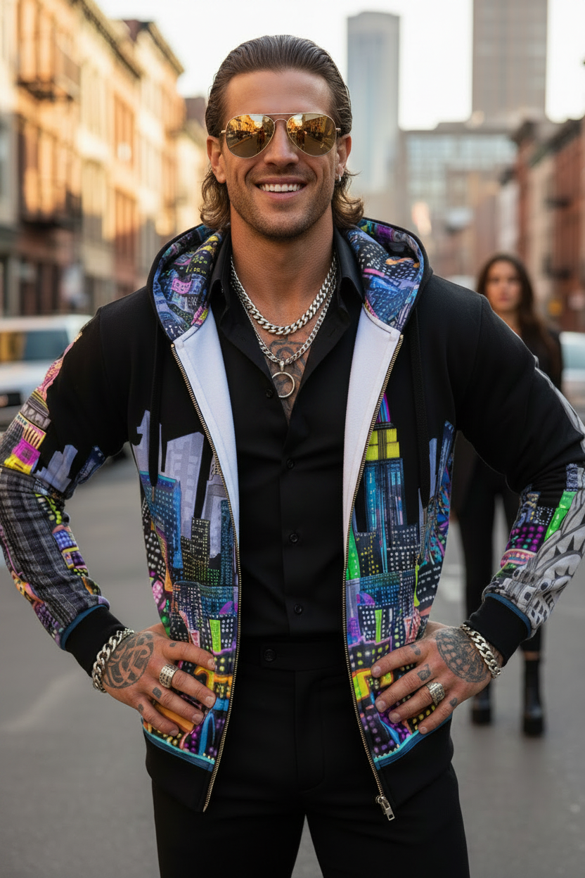Man wearing a colorful Loria NYC Art jacket with a cityscape design in an urban setting