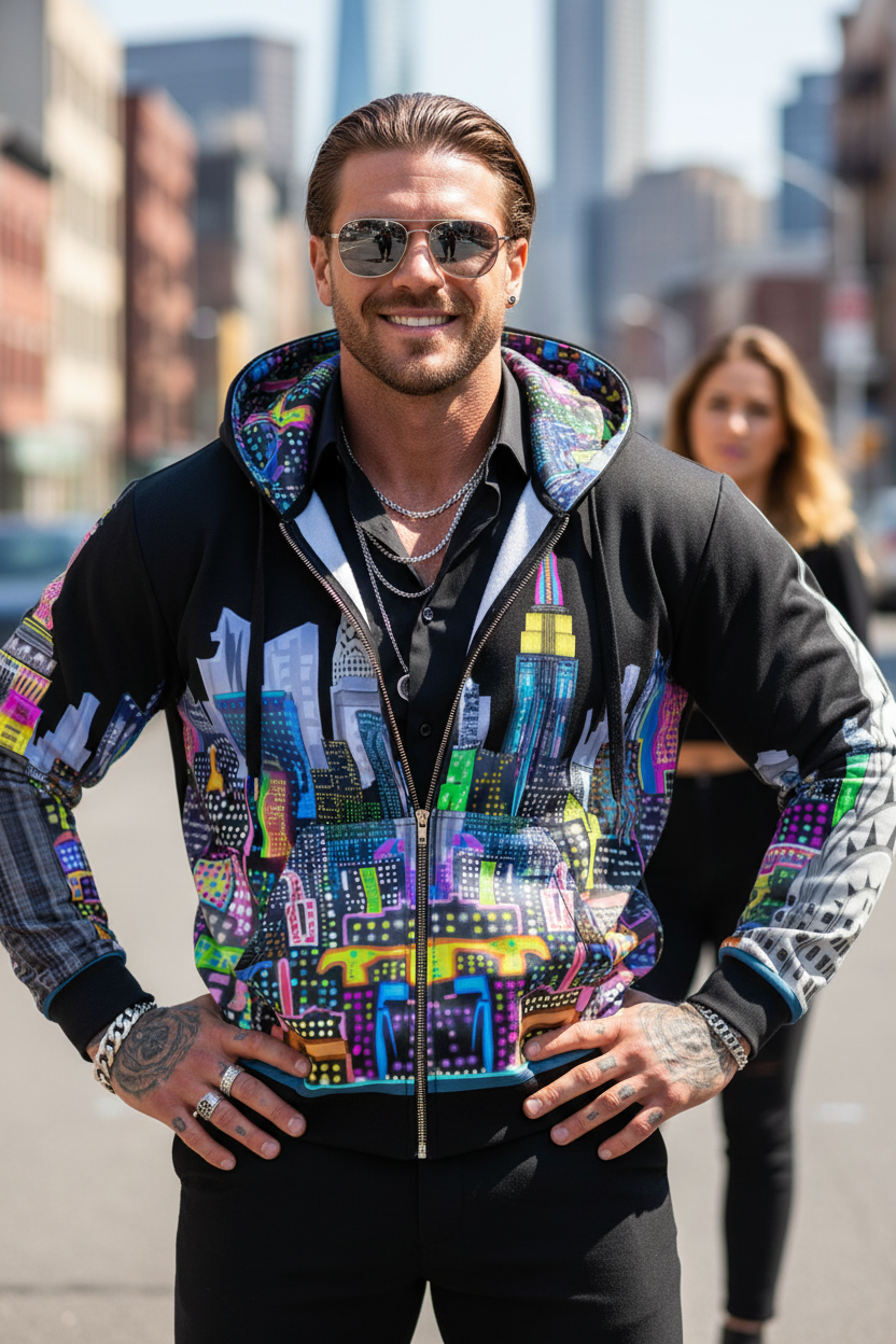 Man wearing a colorful hoodie with a cityscape Loria NYC Art design in an urban setting