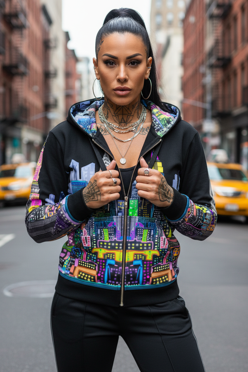 Woman wearing a colorful Loria NYC Art hoodie on a city street