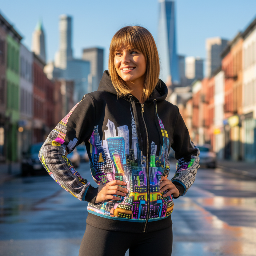 Person wearing a colorful jacket with a cityscape Loria NYC Art design in an urban setting