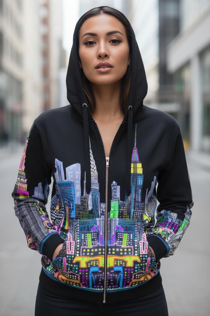 Person wearing a black Loria NYC Art hoodie with colorful cityscape design in an urban setting