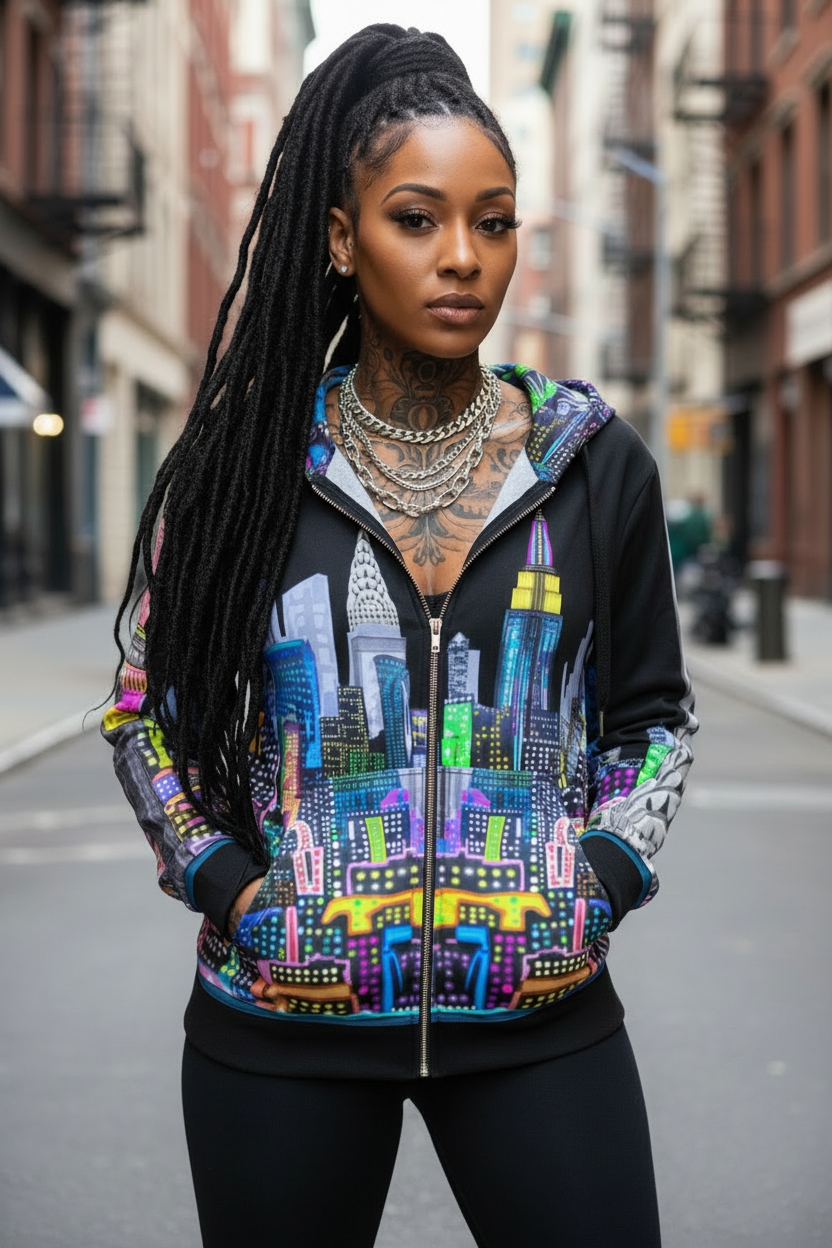Woman wearing a colorful Loria NYC Art cityscape hoodie on a urban city street