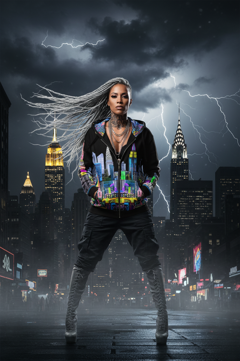 Person wearing a colorful hoodie with a cityscape Loria NYC Art design against a dark, stormy sky with lightning over a city.