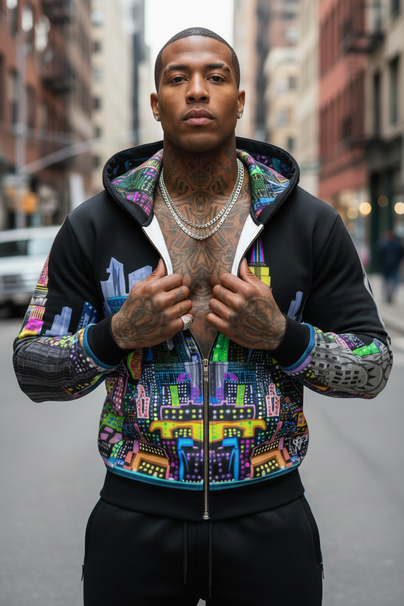 Man wearing a colorful Loria NYC Art hoodie with a cityscape design on a city street.