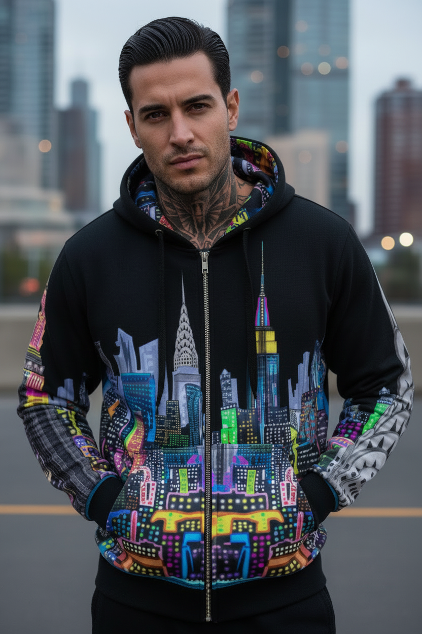Man wearing a black hoodie with a colorful  Loria NYC Art cityscape design, standing in an urban setting.