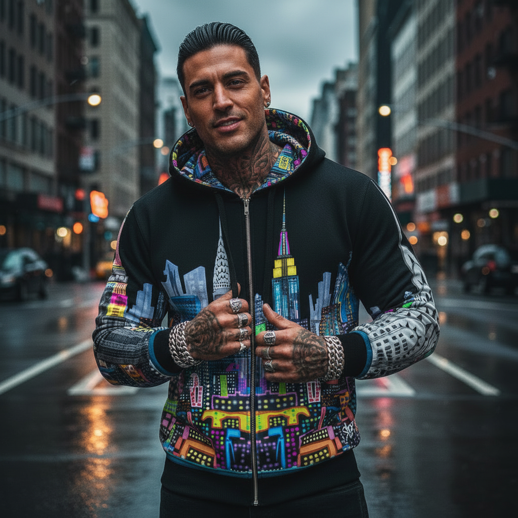 Man wearing a colorful Loria NYC Art hoodie with a cityscape design on a city street.