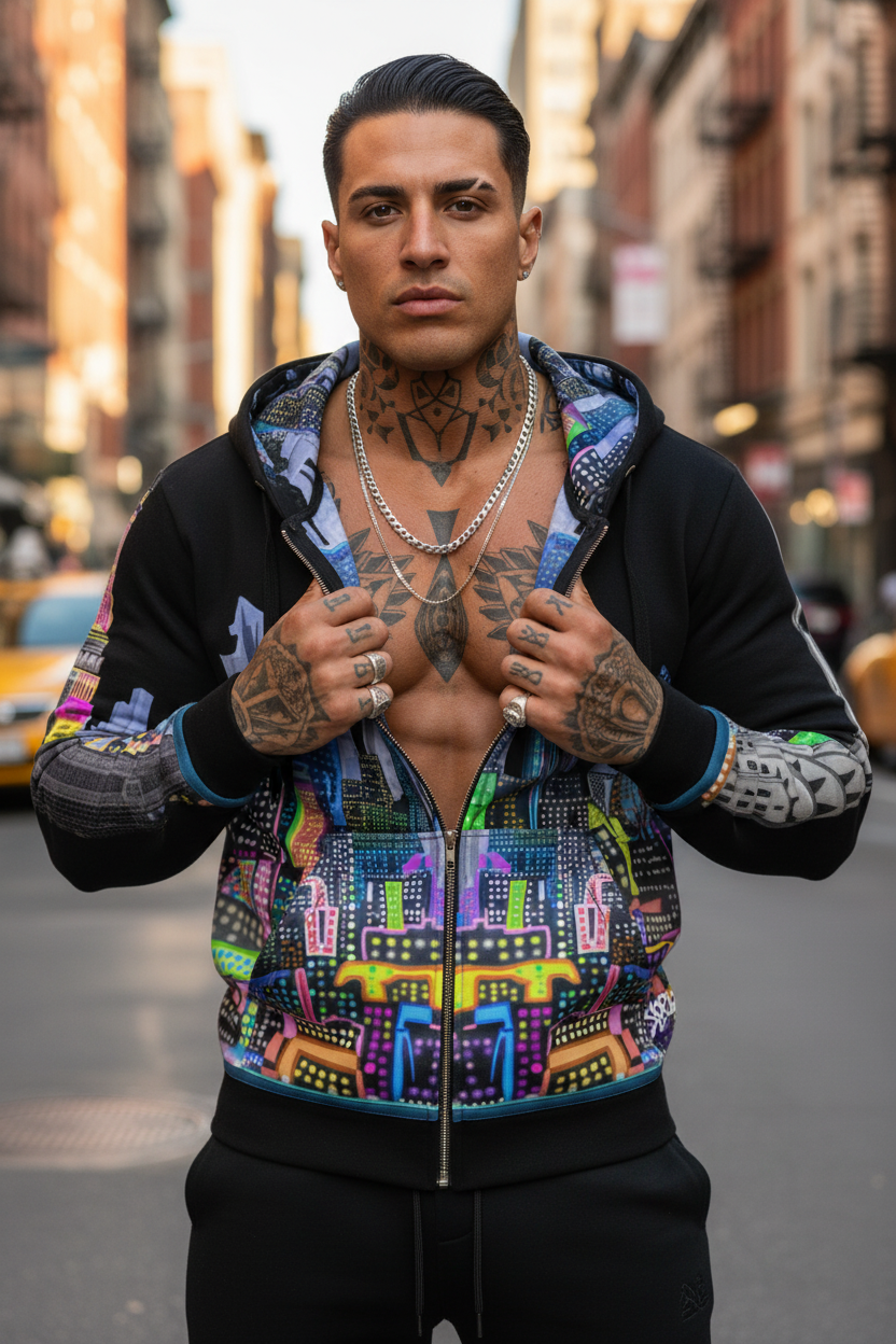 Man wearing a colorful hoodie with a cityscape Loria NYC Art design on a street background