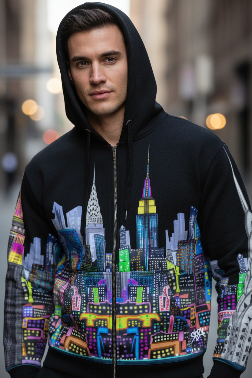 Man wearing a black hoodie with a colorful Loria NYC Art cityscape design on a blurred street background