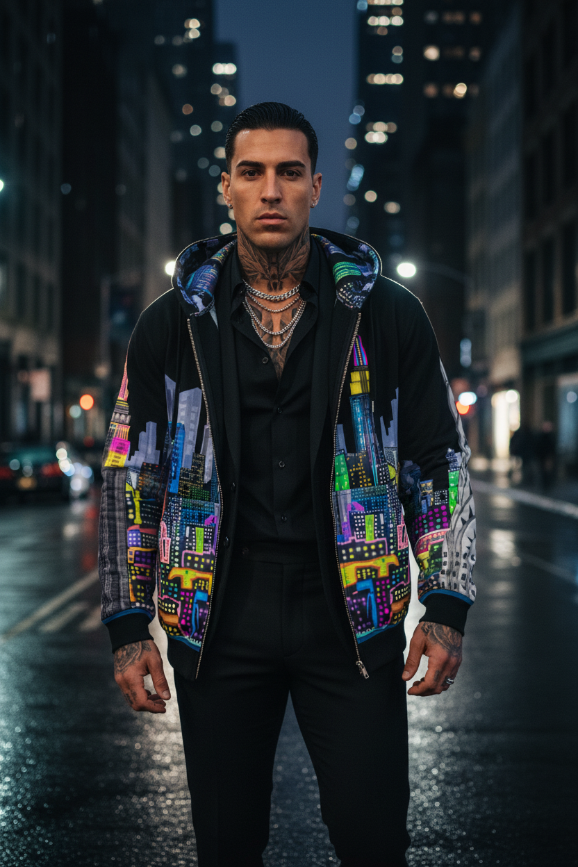 Man wearing a colorful Loria NYC Art jacket on a city street at night