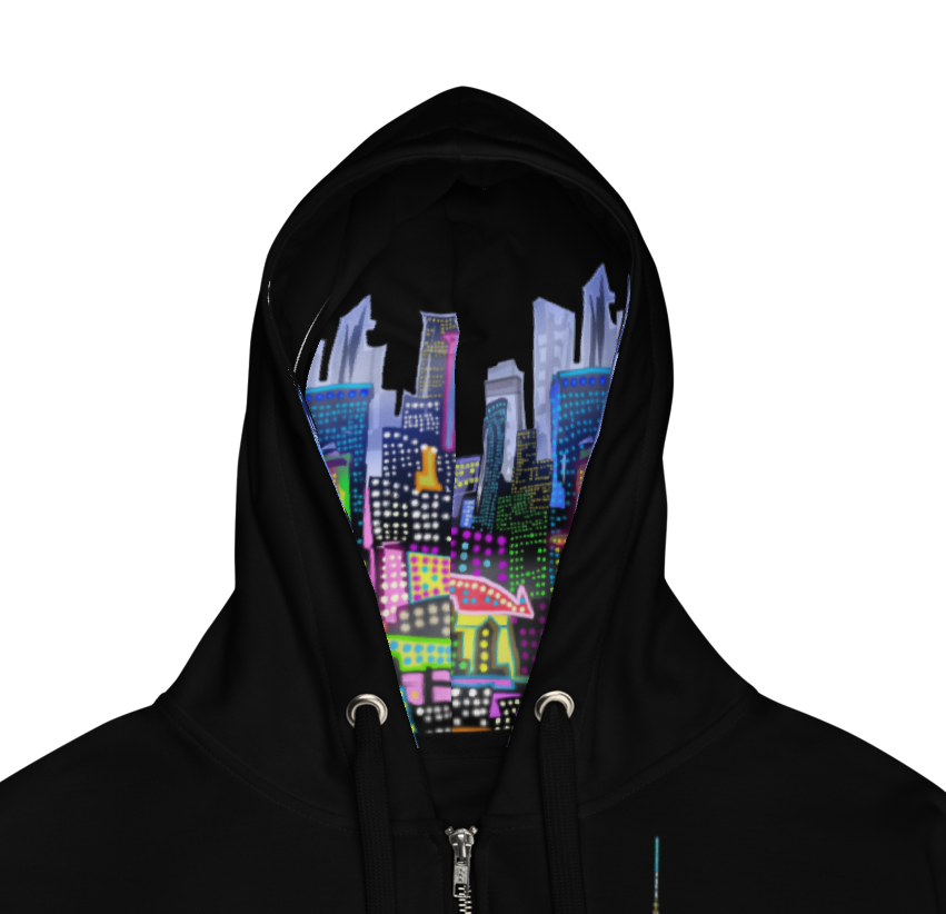 Hood with colorful Loria NYC Art cityscape design on a white background