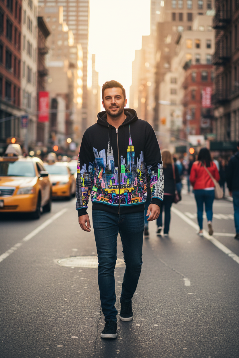 Man walking on a city street wearing a colorful hoodie with a cityscape  Loria NYC Art design.
