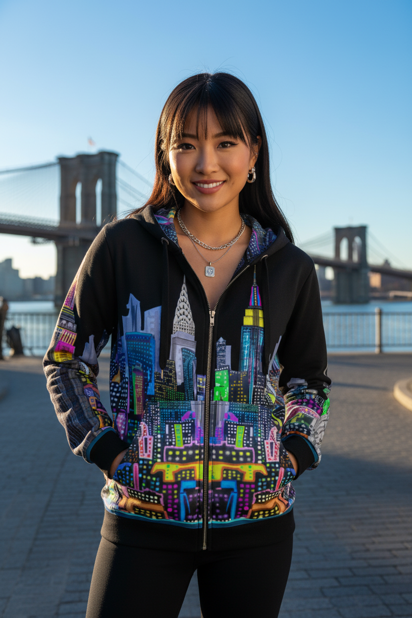 Woman wearing a colorful hoodie with a cityscape Loria NYC Art design, standing in front of the Brooklyn Bridge.