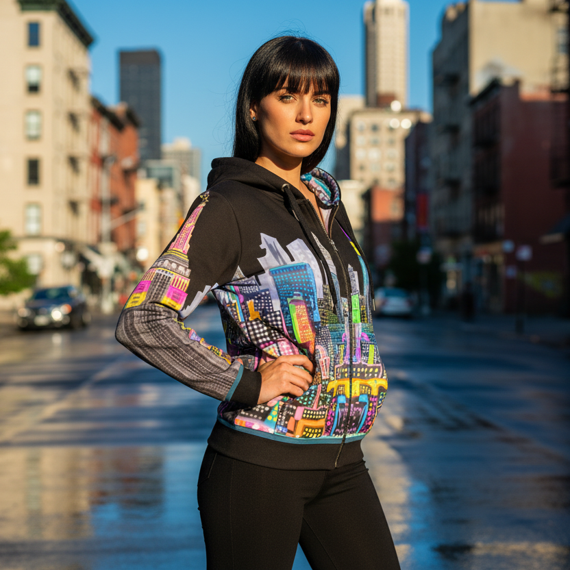 Person wearing a colorful Loria NYC Art jacket with a cityscape background