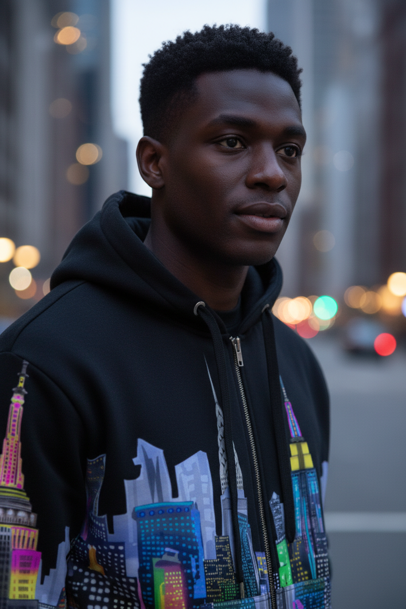 Man wearing a black Loria NYC Art hoodie with colorful cityscape design, blurred lights in the background