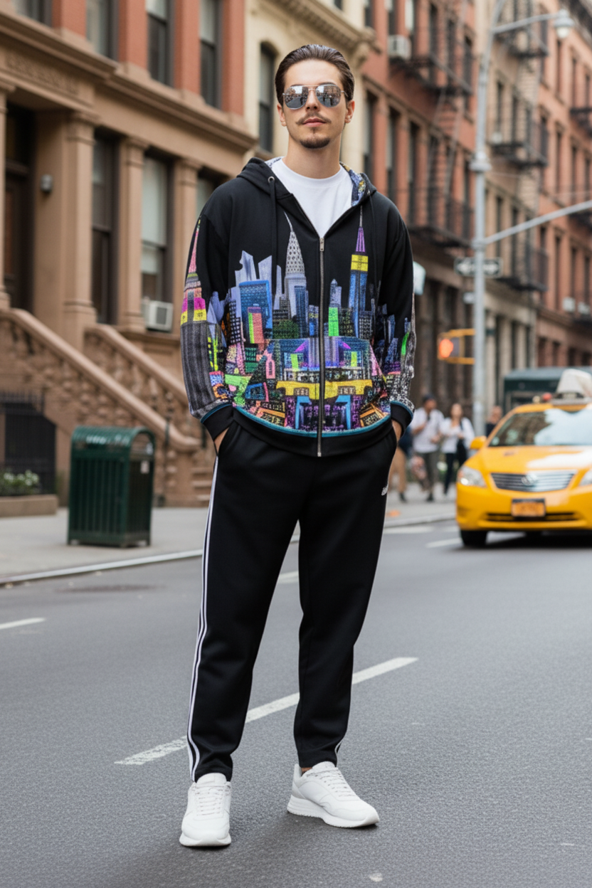 Person wearing a colorful cityscape Loria NYC Art hoodie and black pants on a urban background