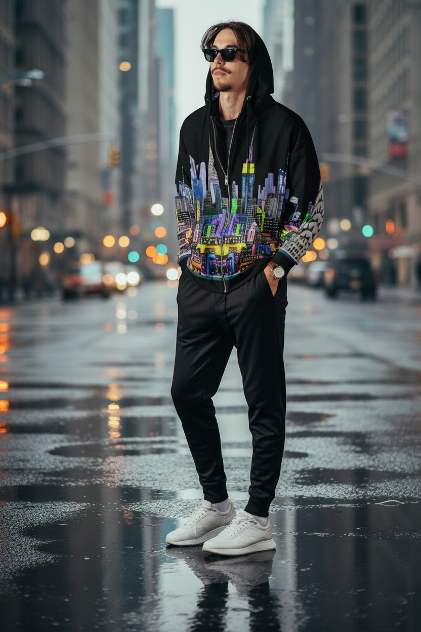 Person wearing a colorful hoodie with a cityscape Loria NYC Art design on wet streets