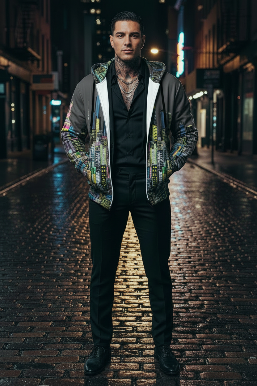 Man wearing a colorful Loria NYC Art jacket on a dark, wet street at night