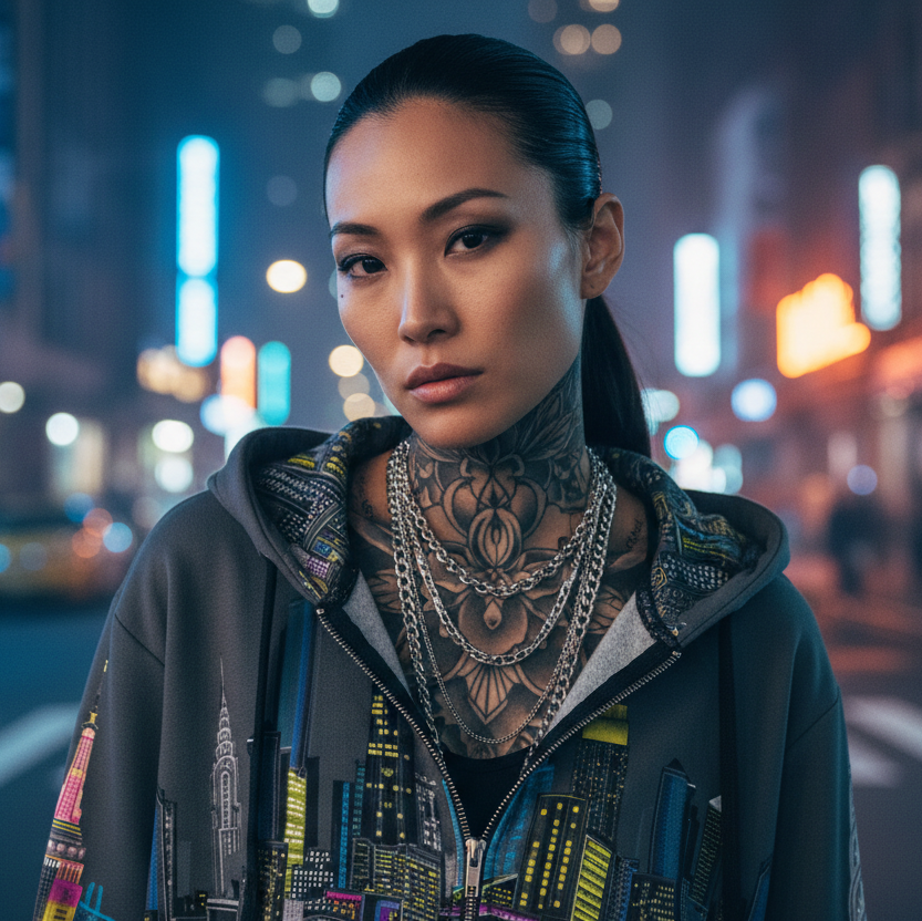 Woman wearing colorful LORIA NYC Art hoodie with tattoos on a neon-lit city street