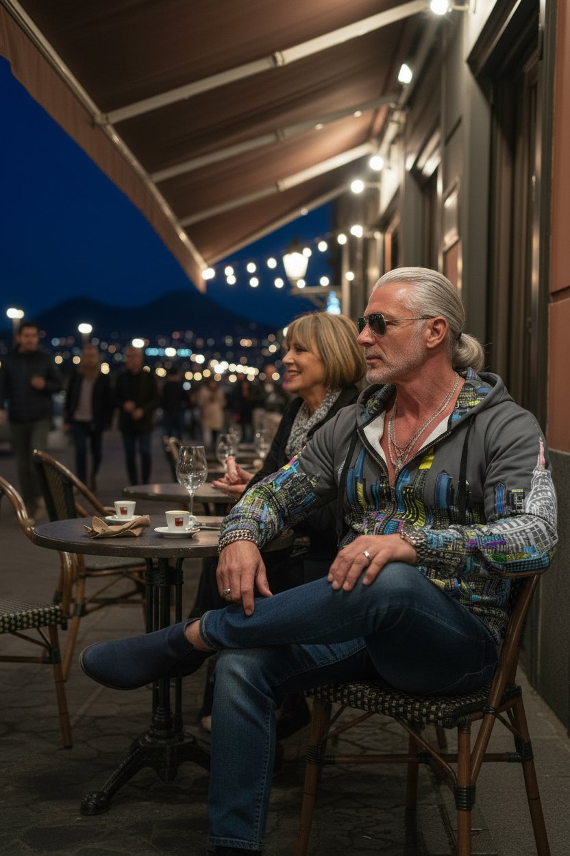 Man wearing Loria NYC Art jacket sitting at a table outside a cafe at night.