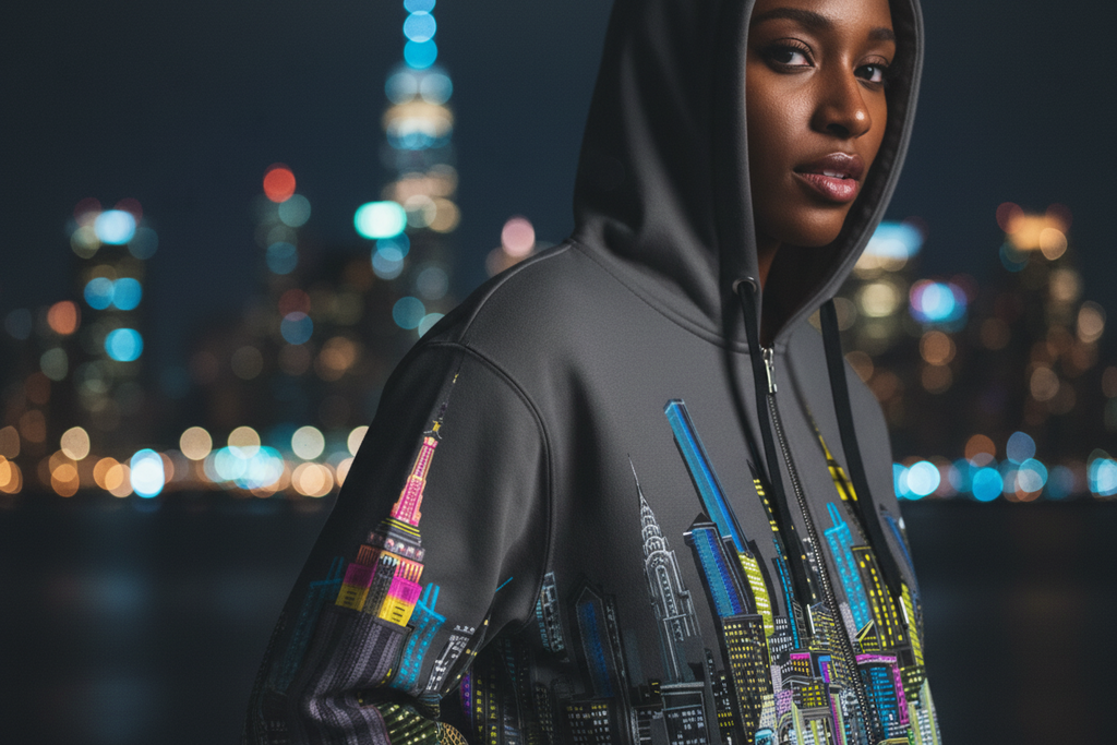 Person wearing a hoodie with Loria NYC Art cityscape design against a blurred city lights background