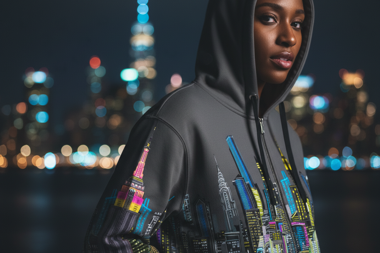 Person wearing a hoodie with Loria NYC Art cityscape design against a blurred city lights background
