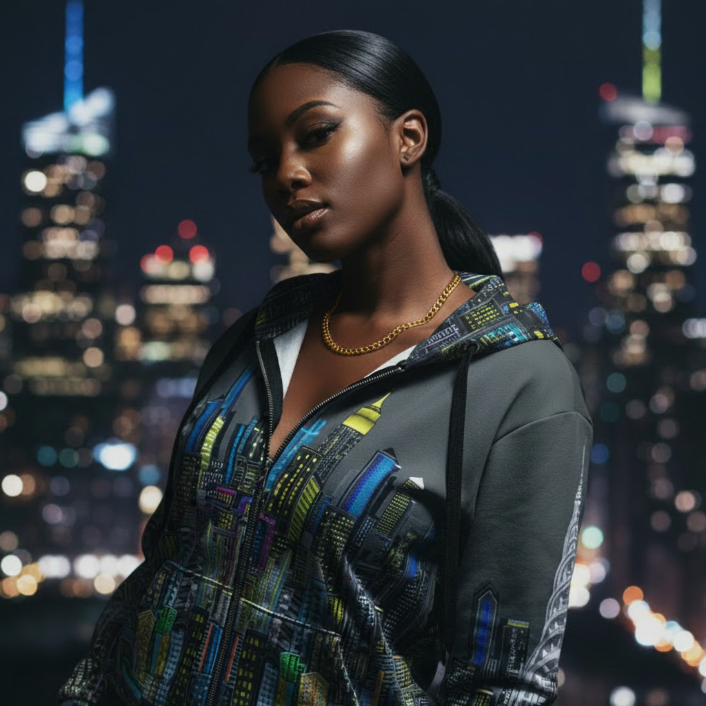 Woman wearing a Loria NYC Art hoodie standing in front of a city skyline at night