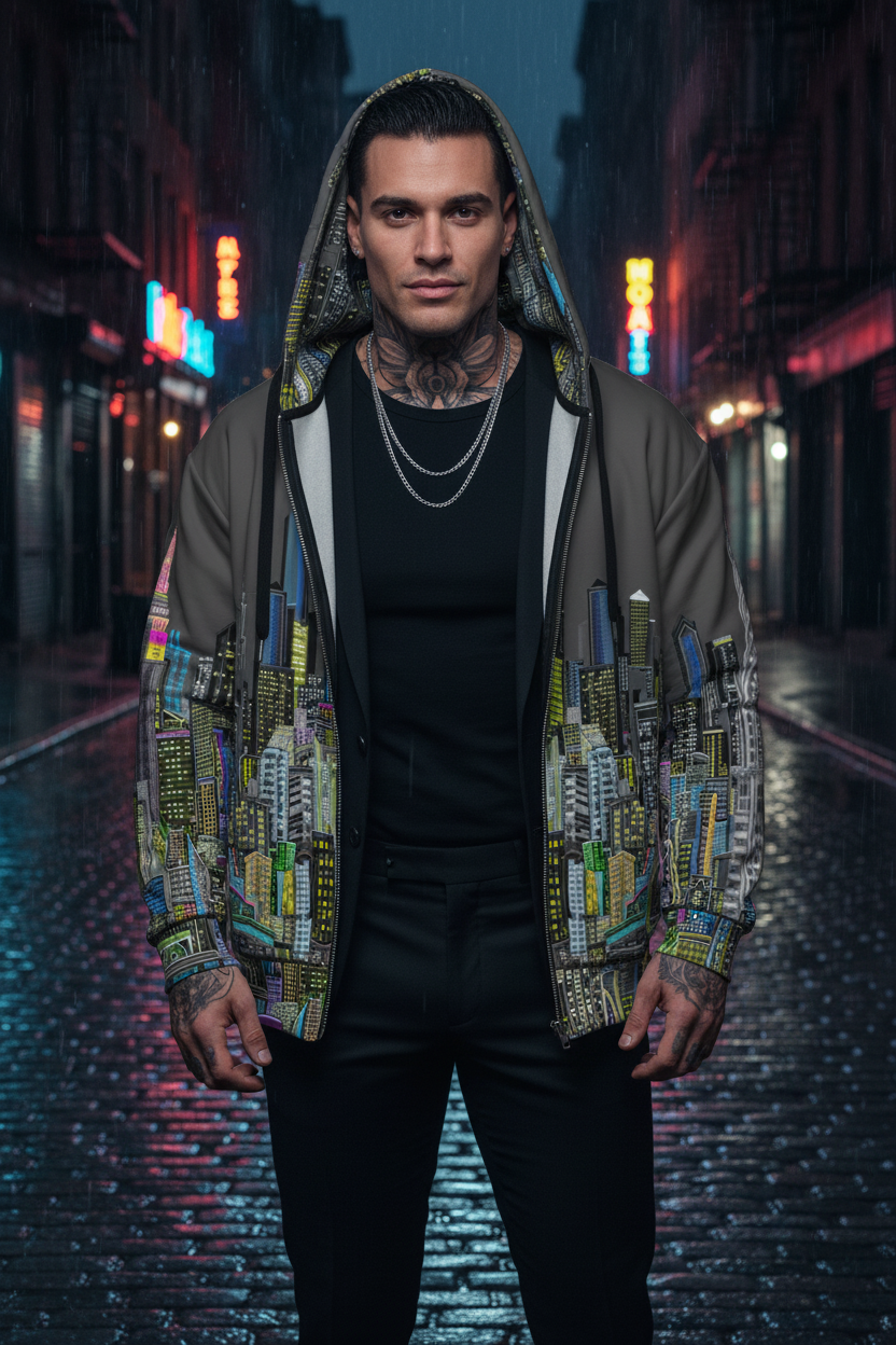 Man wearing a colorful jacket with cityscape Loria NYC Art design on a neon-lit street.