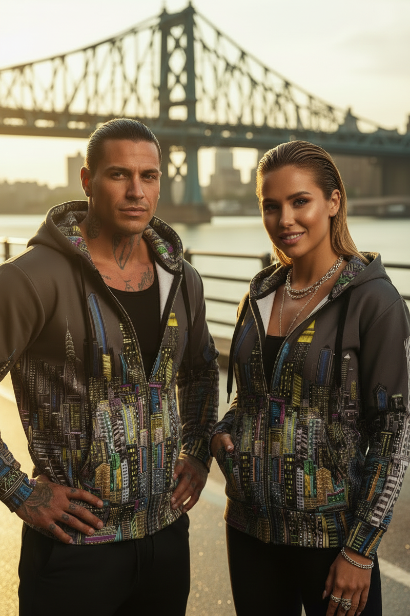 Two people wearing matching Loria NYC Art hoodies with a bridge and river in the background