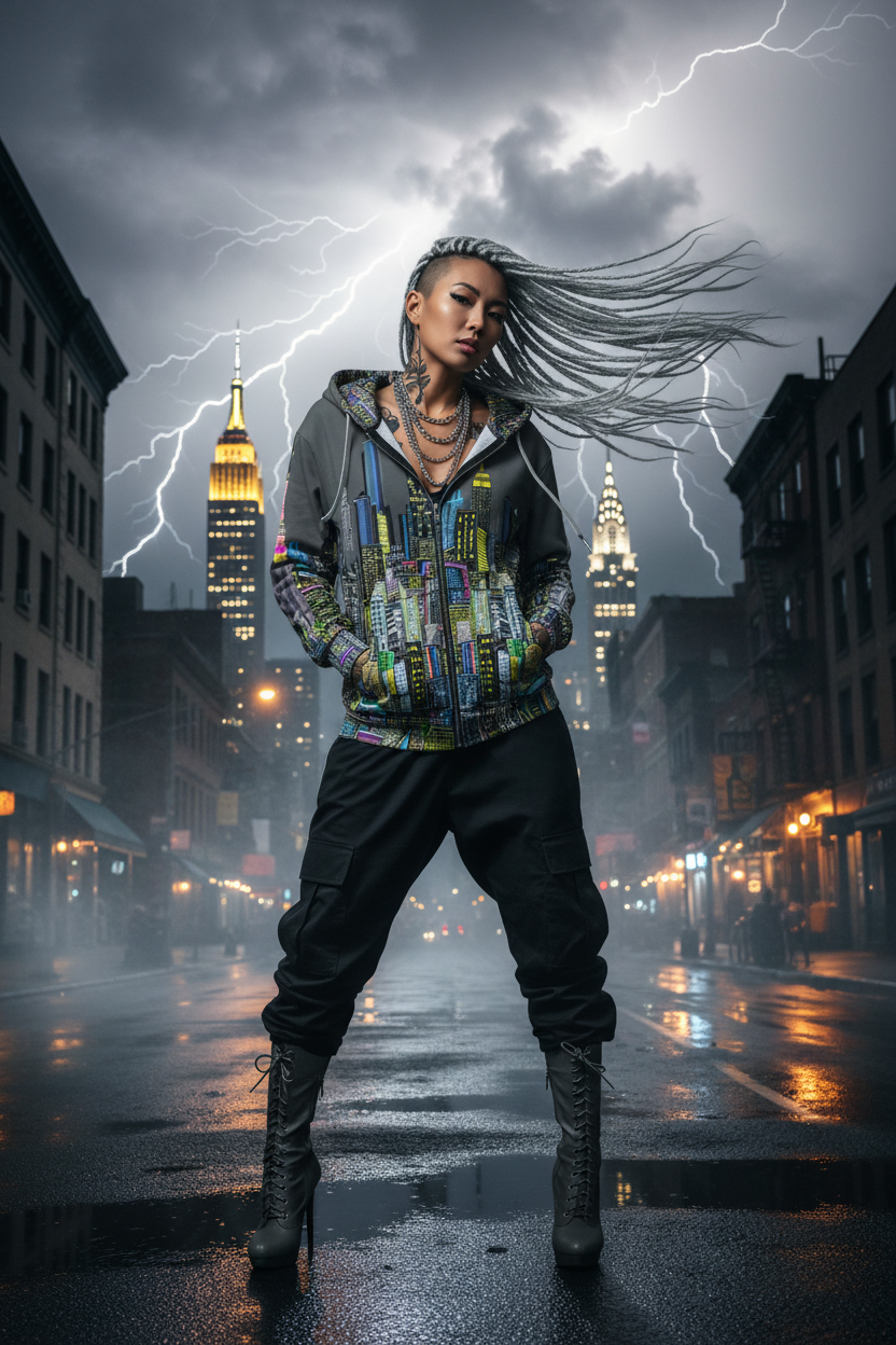 Person in a colorful Loria NYC Art hoodie standing on a city street with lightning in the background