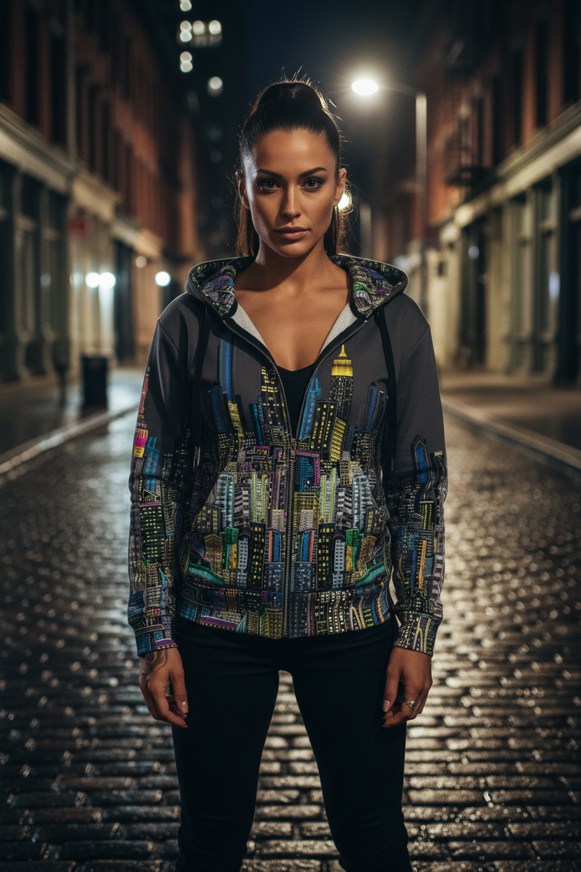 Woman wearing a colorful Loria NYC Art jacket on a city street at night