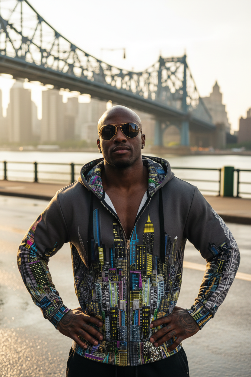 Man wearing a Loria NYC Art colorful hoodie with a cityscape in the background