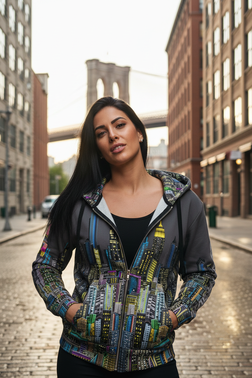 Woman wearing a colorful Loria NYC Art jacket on a city street with a bridge in the background