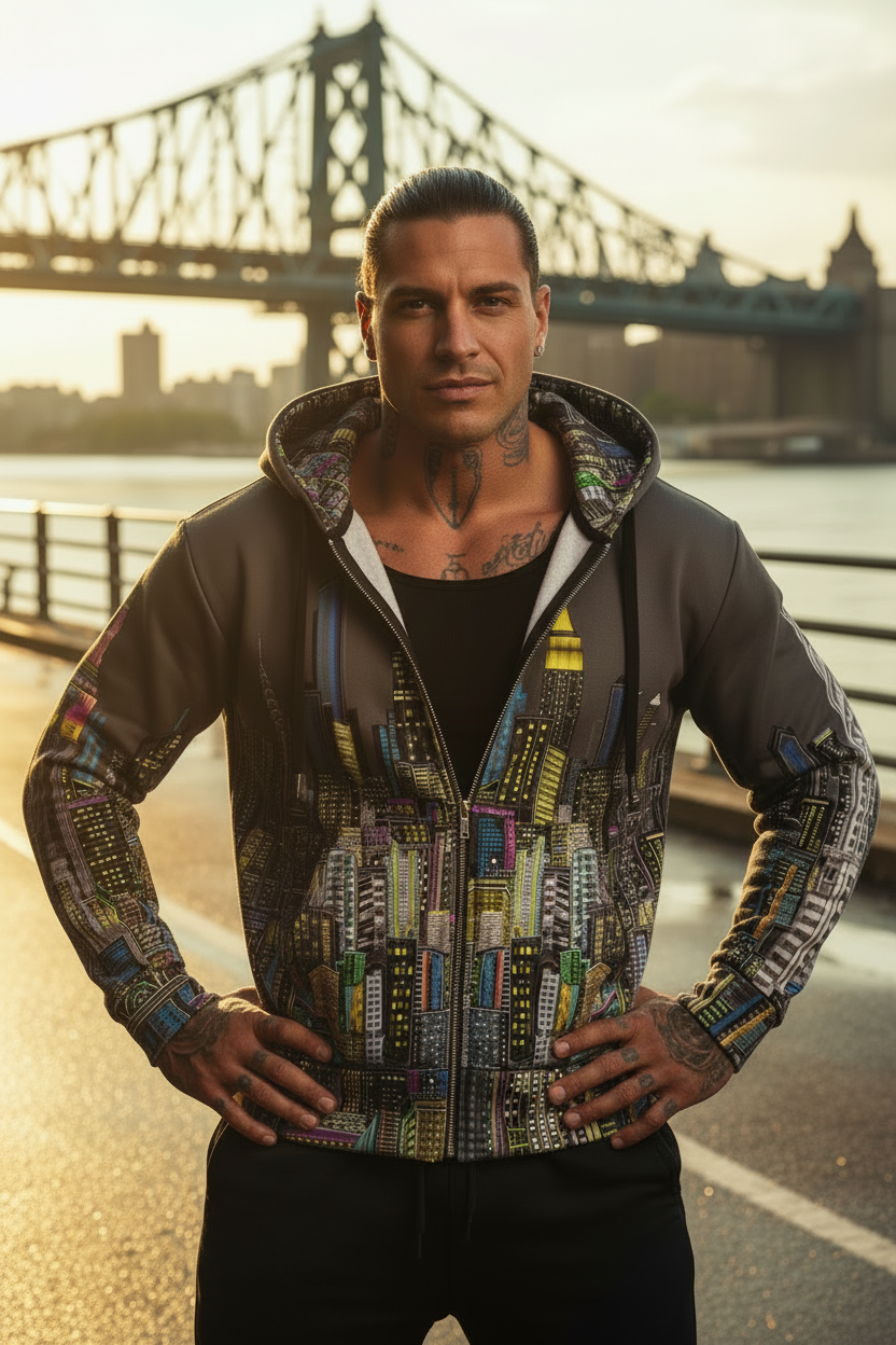 Man wearing a colorful Loria NYC Art hoodie with a bridge and river in the background