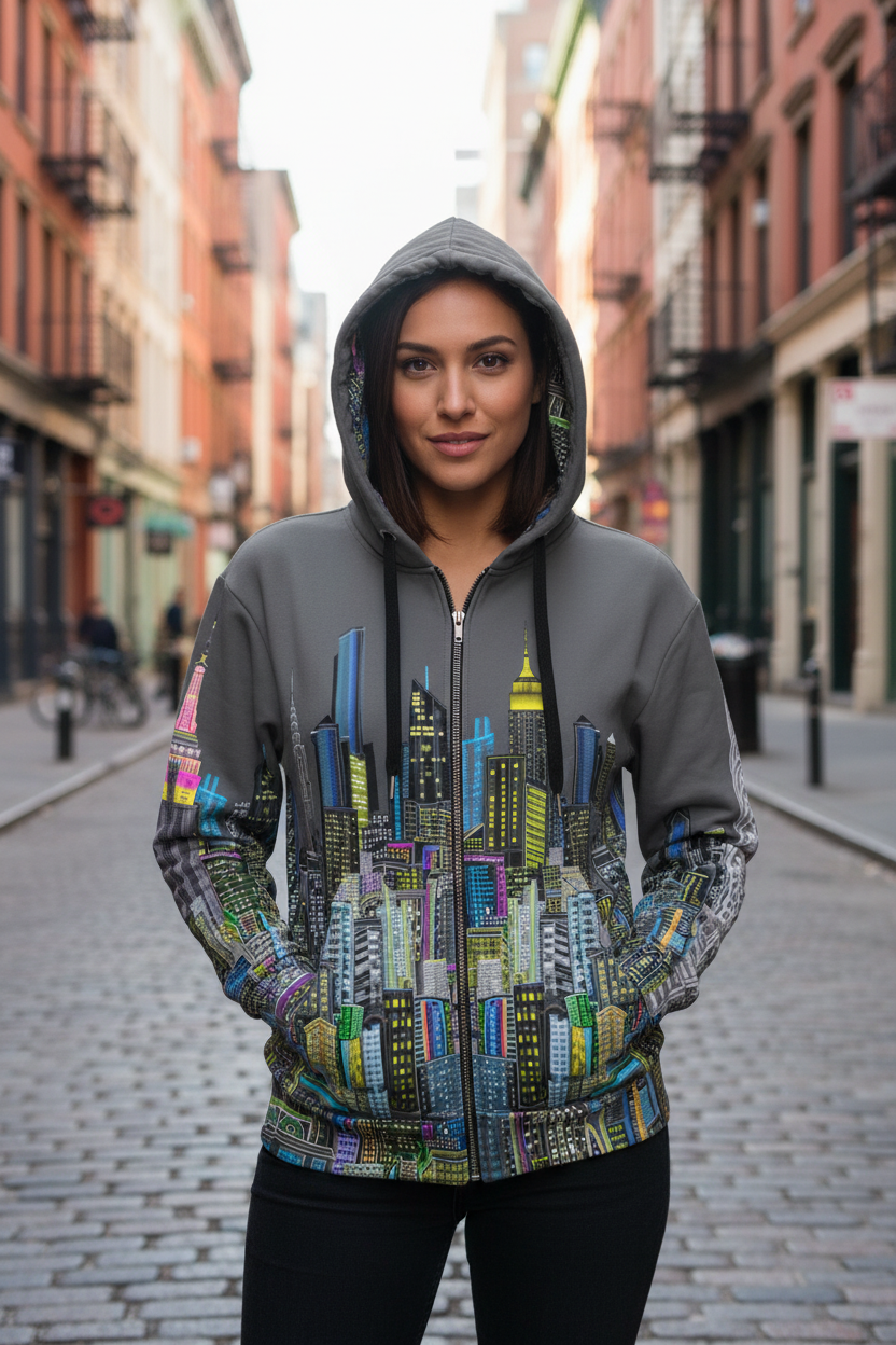 Person wearing a hoodie with a colorful cityscape Loria NYC Art design on a street.