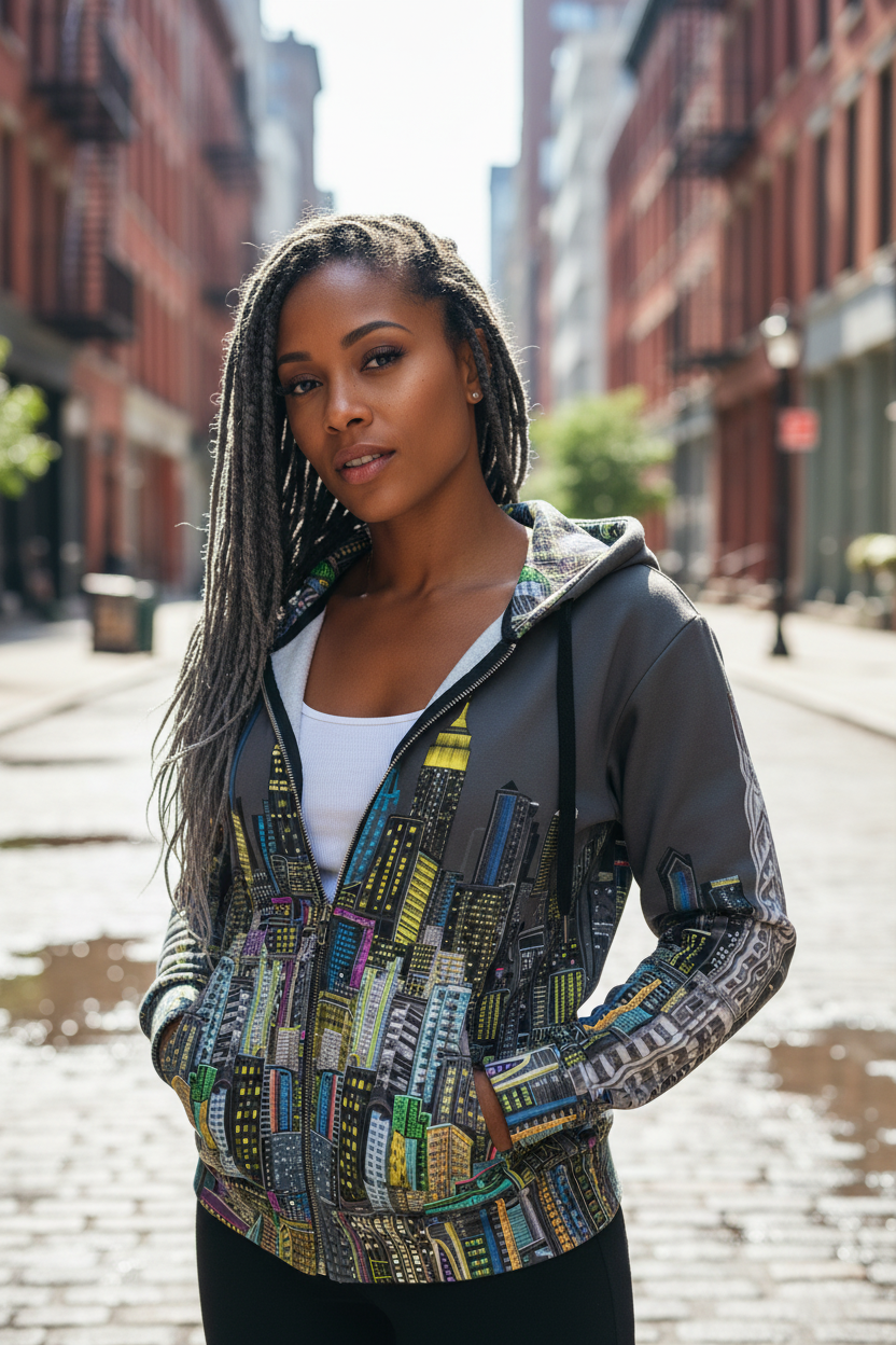 Woman wearing a colorful Loria NYC Art jacket on a city street