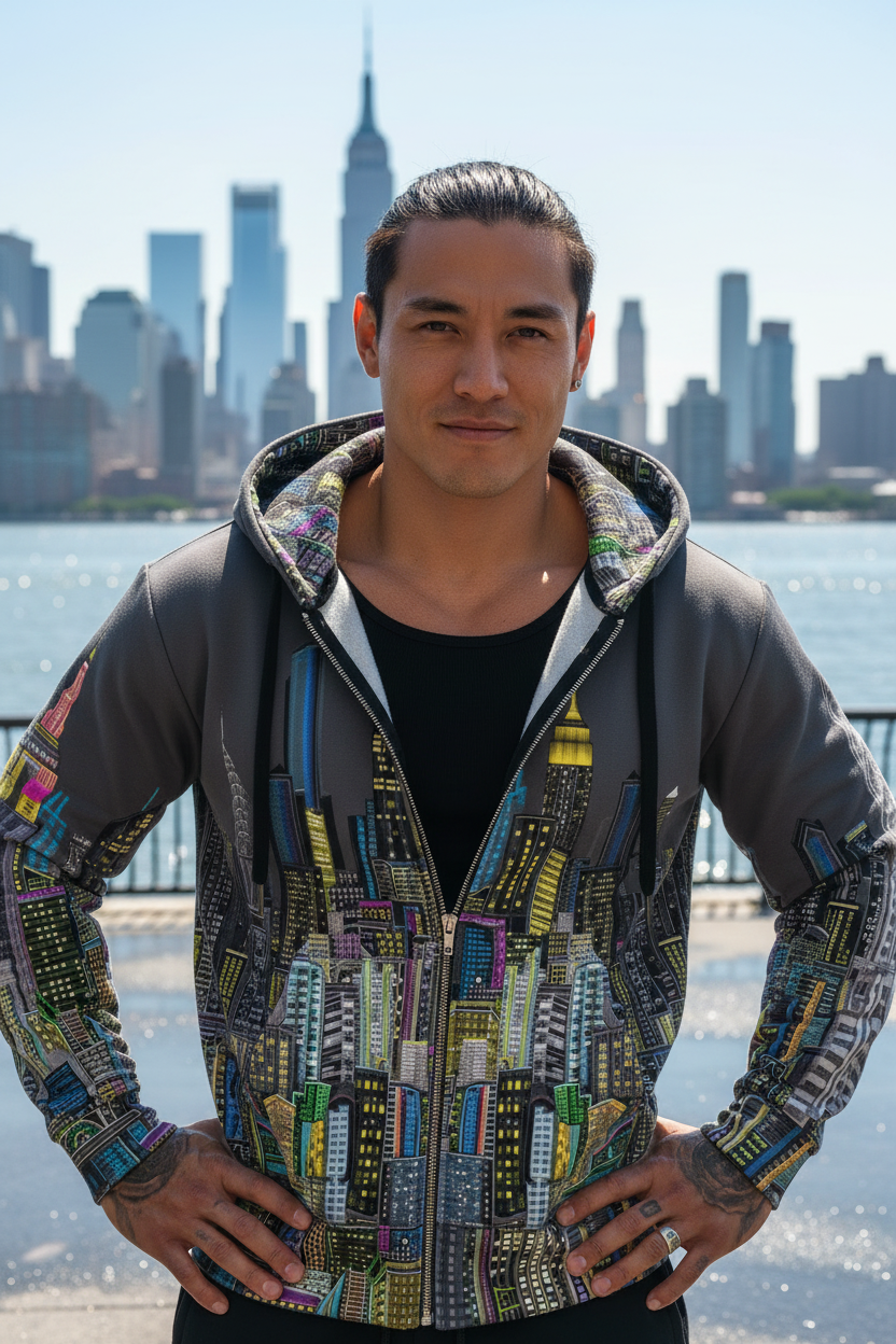 Man wearing a colorful Loria NYC Art jacket with a city skyline in the background