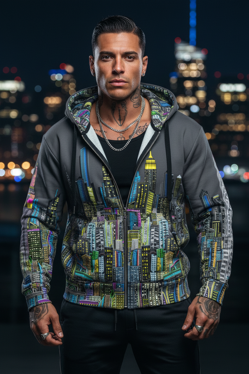 Man wearing a colorful Loria NYC Art hoodie with a cityscape design against a dark background with lights.